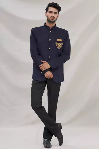 Navy blue hand embroidered on pocket velvet blend  bandhgala for men