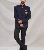 Navy blue hand embroidered on pocket velvet blend  bandhgala for men