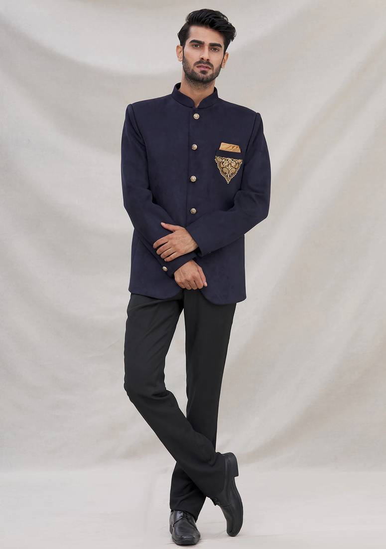 Navy blue hand embroidered on pocket velvet blend  bandhgala for men