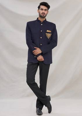 Navy blue hand embroidered on pocket velvet blend  bandhgala for men 2