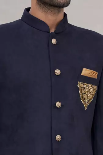 Navy blue hand embroidered on pocket velvet blend  bandhgala for men