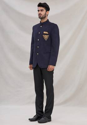 Navy blue hand embroidered on pocket velvet blend  bandhgala for men 4
