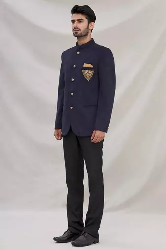 Navy blue hand embroidered on pocket velvet blend  bandhgala for men