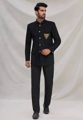 Black hand embroidered cotton bandhgala for men 1