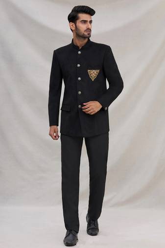 Black hand embroidered cotton bandhgala for men