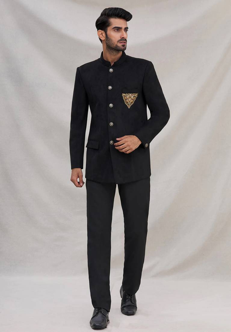Black hand embroidered cotton bandhgala for men