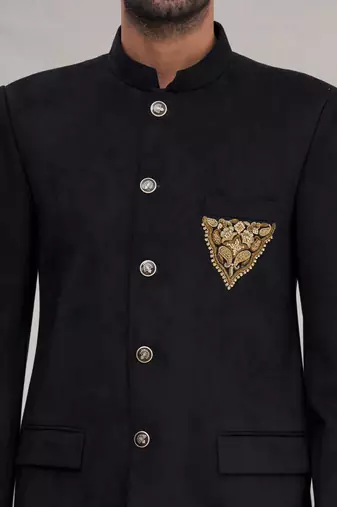 Black hand embroidered cotton bandhgala for men