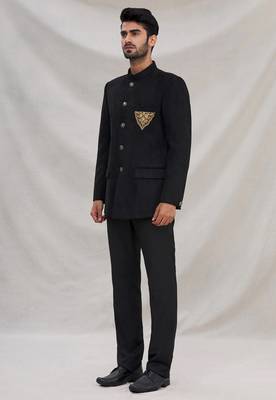 Black hand embroidered cotton bandhgala for men 4