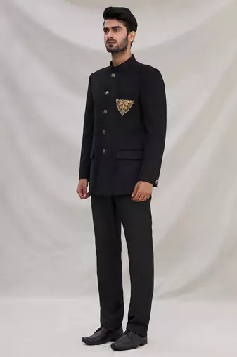 Black hand embroidered cotton bandhgala for men