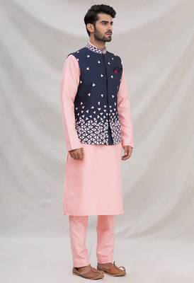 Pink embroidered silk nehru jacket set for men 1