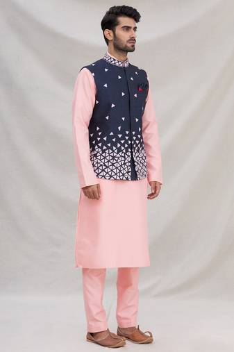 Pink embroidered silk nehru jacket set for men