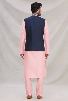 Pink embroidered silk nehru jacket set for men 2