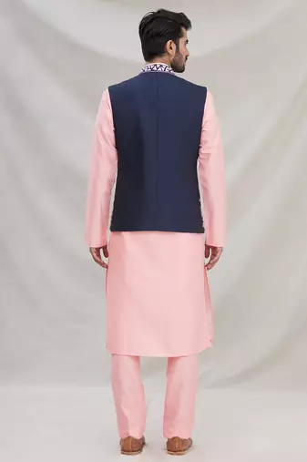 Pink embroidered silk nehru jacket set for men