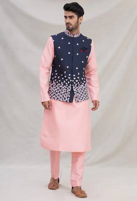Pink embroidered silk nehru jacket set for men 3