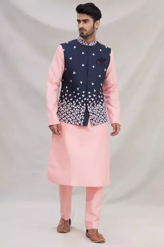 Pink embroidered silk nehru jacket set for men