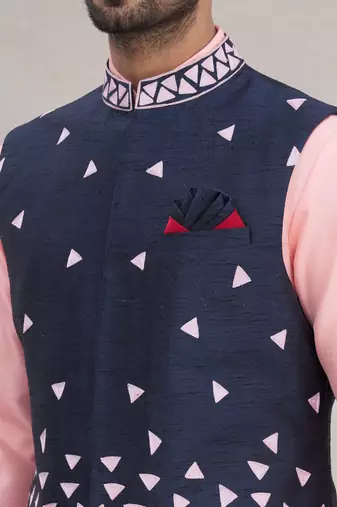 Pink embroidered silk nehru jacket set for men