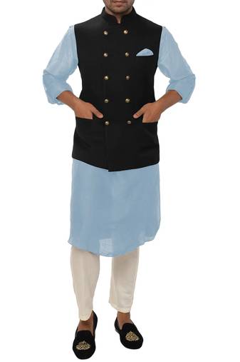 Sky blue solid silk nehru jacket set for men