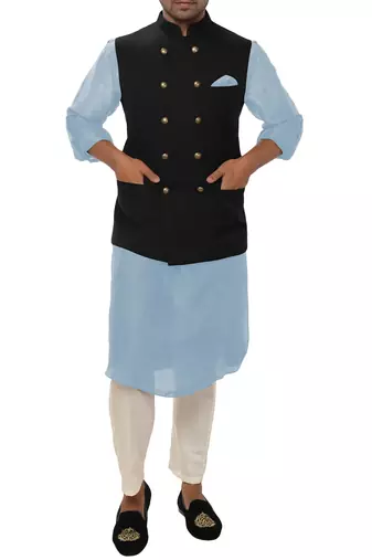 Sky blue solid silk nehru jacket set for men