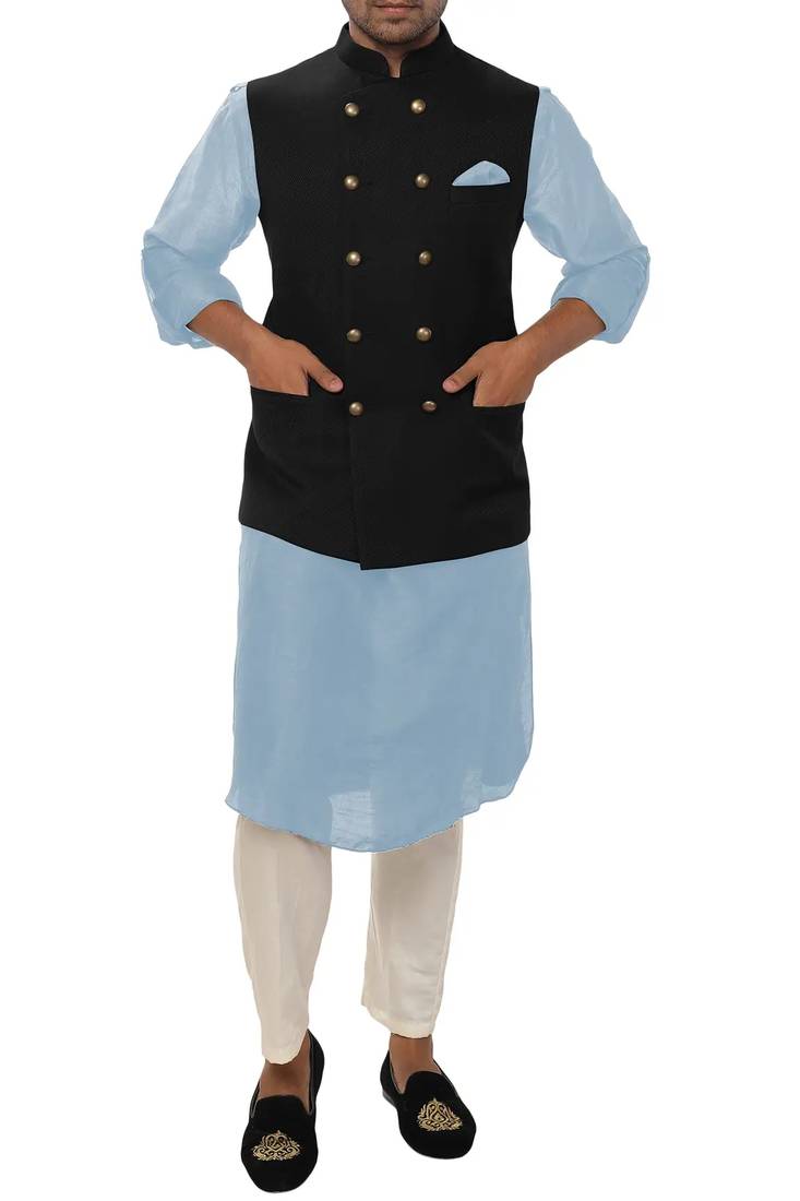 Sky blue solid silk nehru jacket set for men