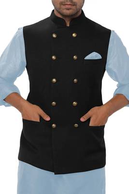 Sky blue solid silk nehru jacket set for men 2