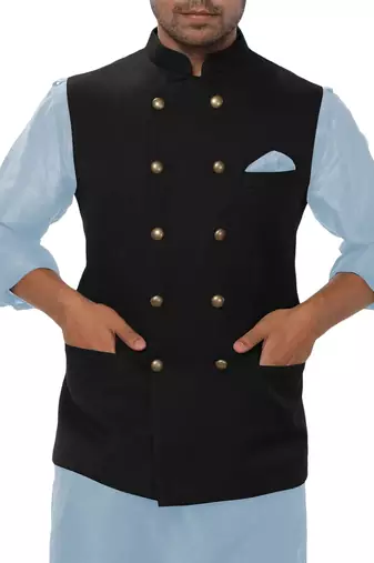 Sky blue solid silk nehru jacket set for men