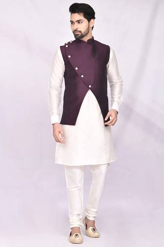 Purple solid silk jacket set for men