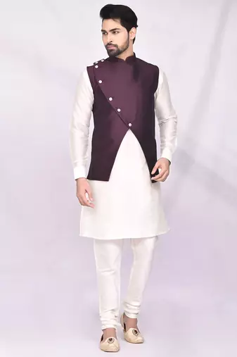 Purple solid silk jacket set for men