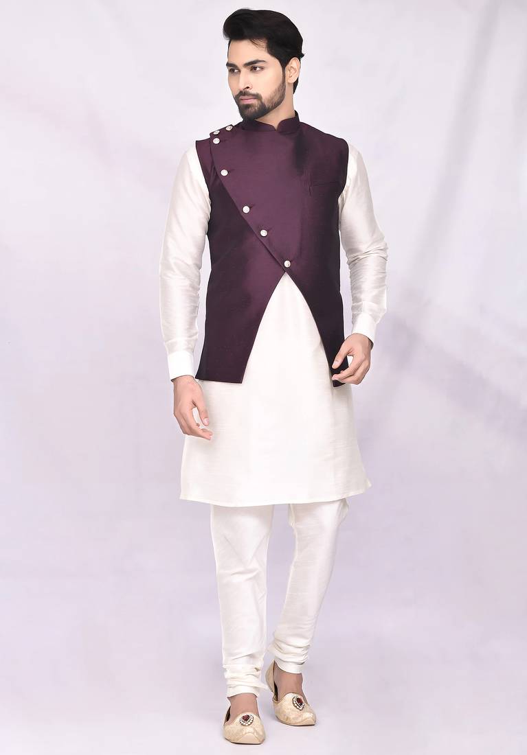 Purple solid silk jacket set for men