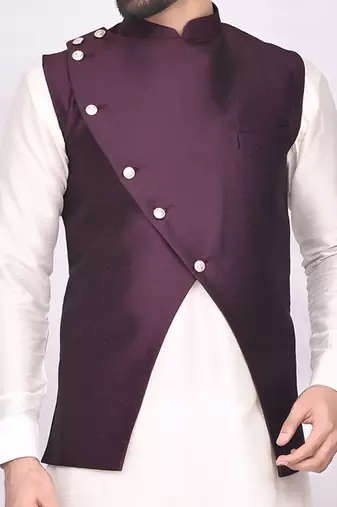 Purple solid silk jacket set for men