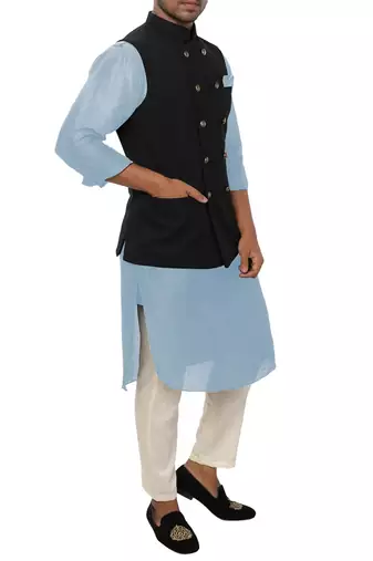 Sky blue solid silk nehru jacket set for men
