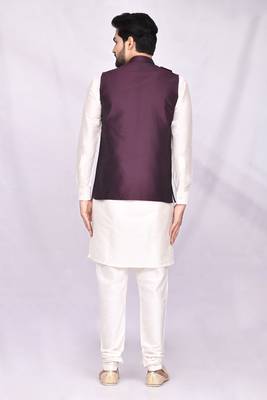 Purple solid silk jacket set for men 3