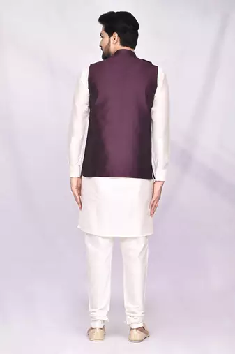 Purple solid silk jacket set for men