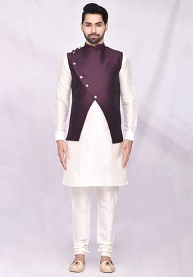 Purple solid silk jacket set for men 4