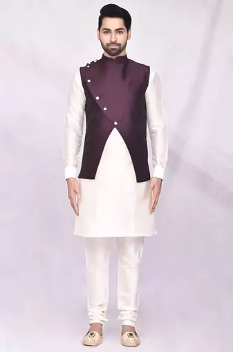 Purple solid silk jacket set for men