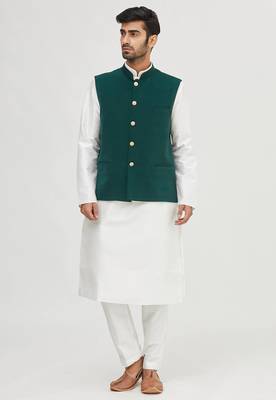 White solid silk nehru jacket set for men 1