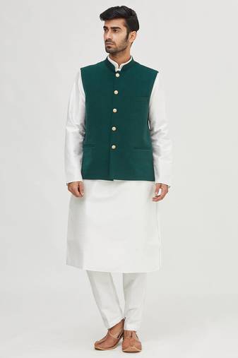 White solid silk nehru jacket set for men