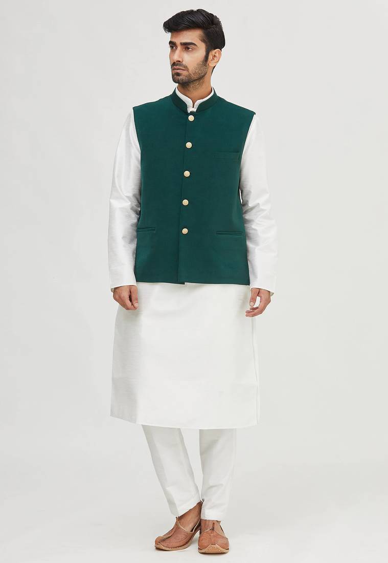 White solid silk nehru jacket set for men