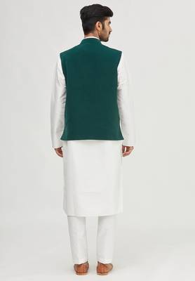White solid silk nehru jacket set for men 2