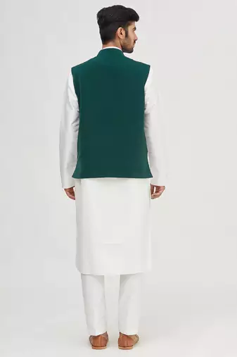 White solid silk nehru jacket set for men