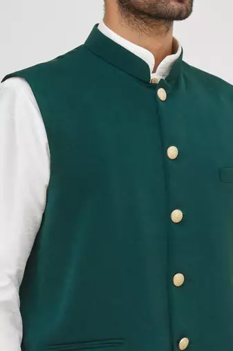 White solid silk nehru jacket set for men