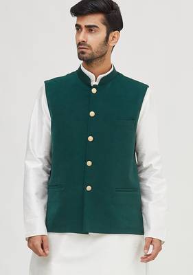 White solid silk nehru jacket set for men 4