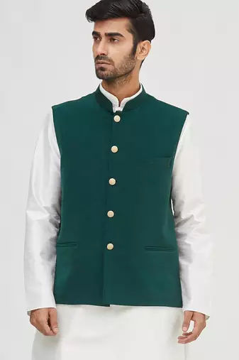 White solid silk nehru jacket set for men
