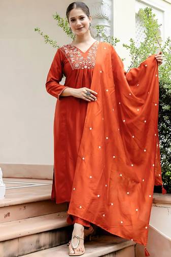 Orange viscose blend kurta pent dupatta set