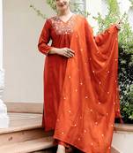Orange viscose blend kurta pent dupatta set