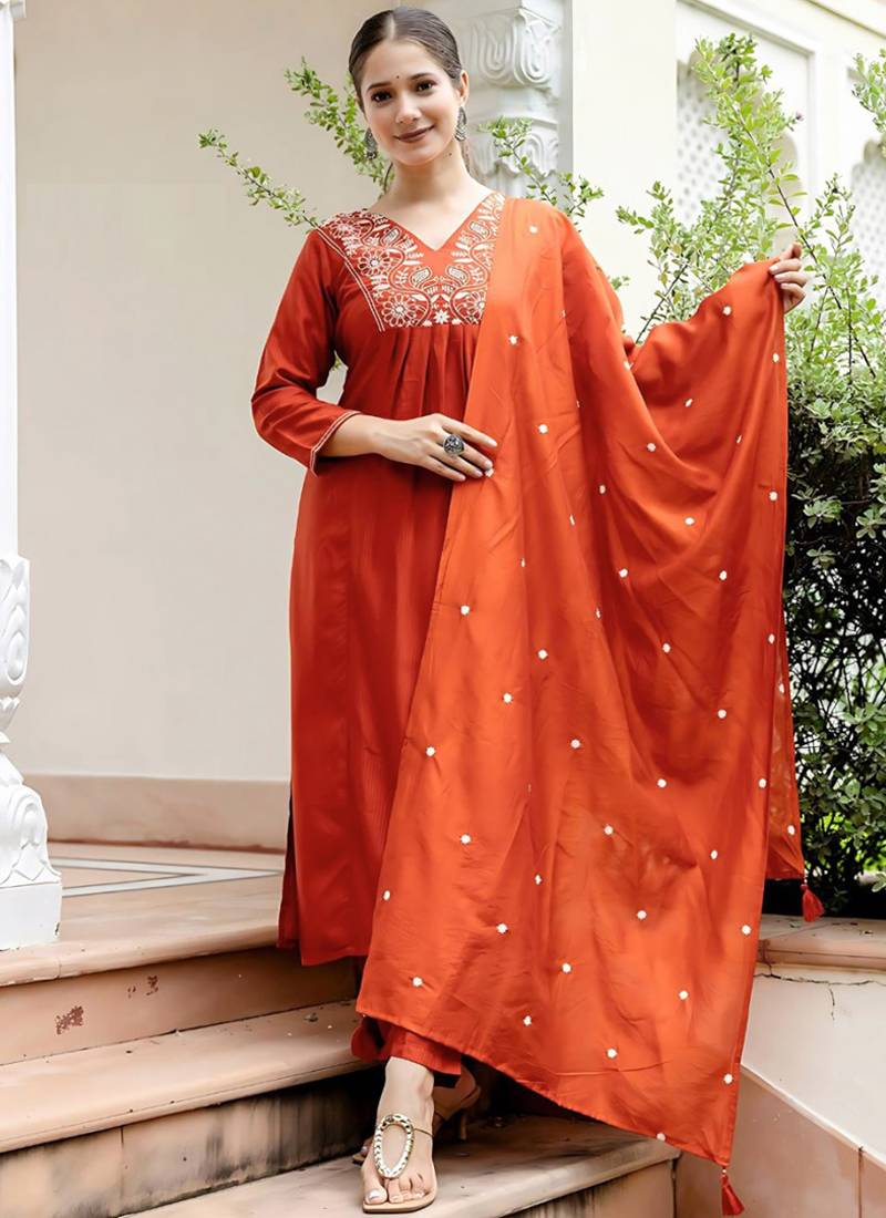Orange viscose blend kurta pent dupatta set