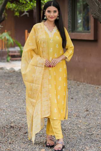 Yellow rayon kurta pent dupatta set
