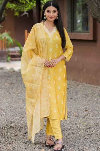 Yellow rayon kurta pent dupatta set