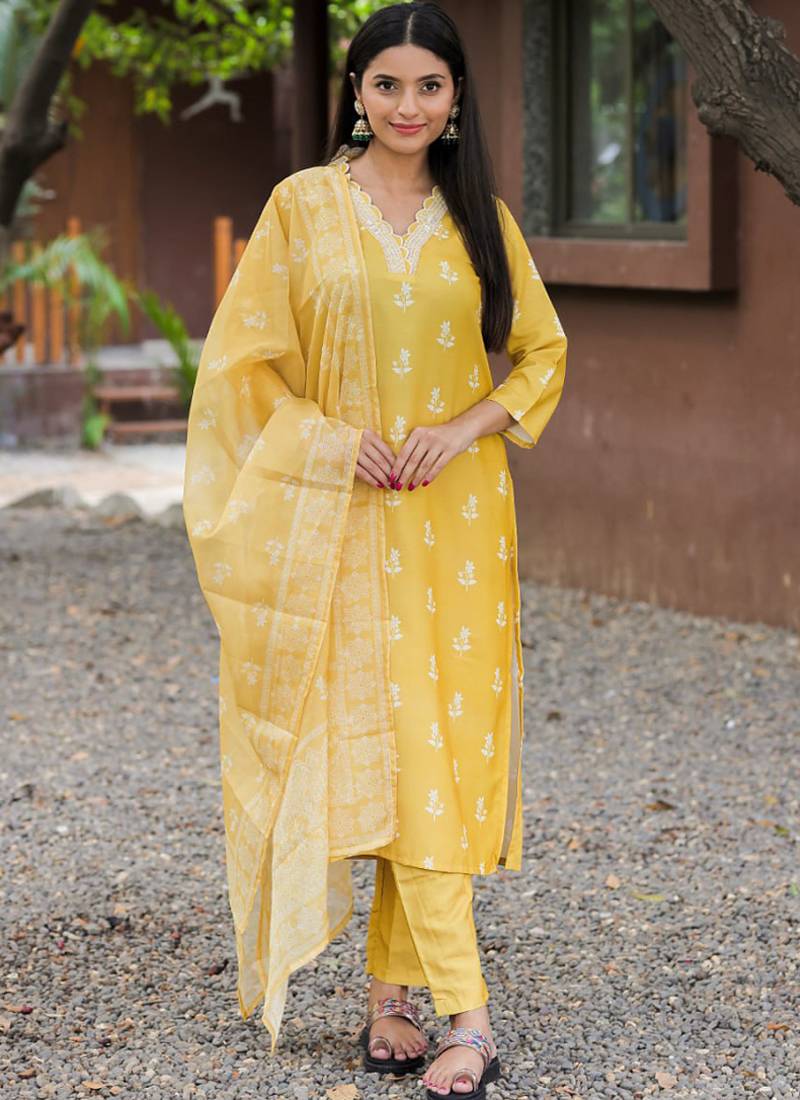 Yellow rayon kurta pent dupatta set