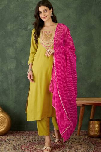 Yellow rayon kurta pant dupatta set