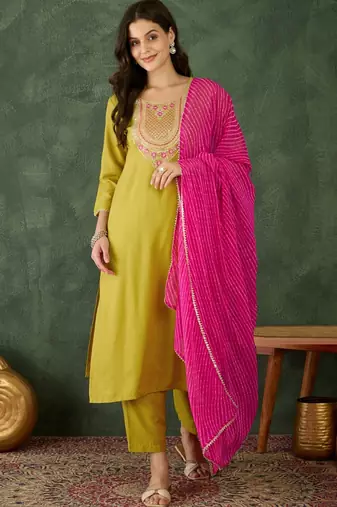 Yellow rayon kurta pent dupatta set